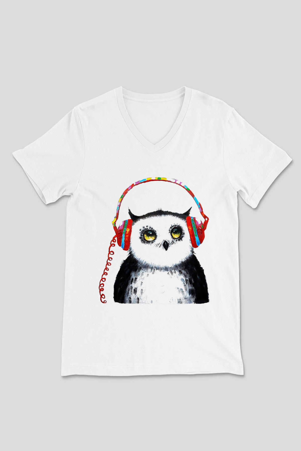 Baykuş Beyaz Unisex V Yaka Tişört T-Shirt