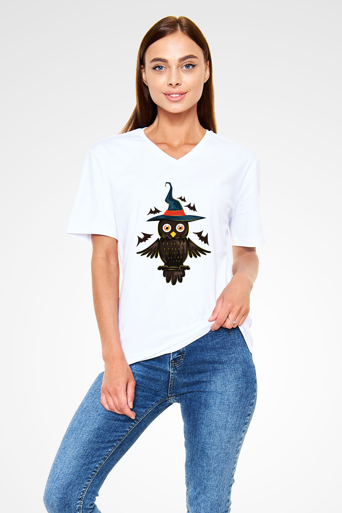 Baykuş Beyaz Unisex V Yaka Tişört T-Shirt