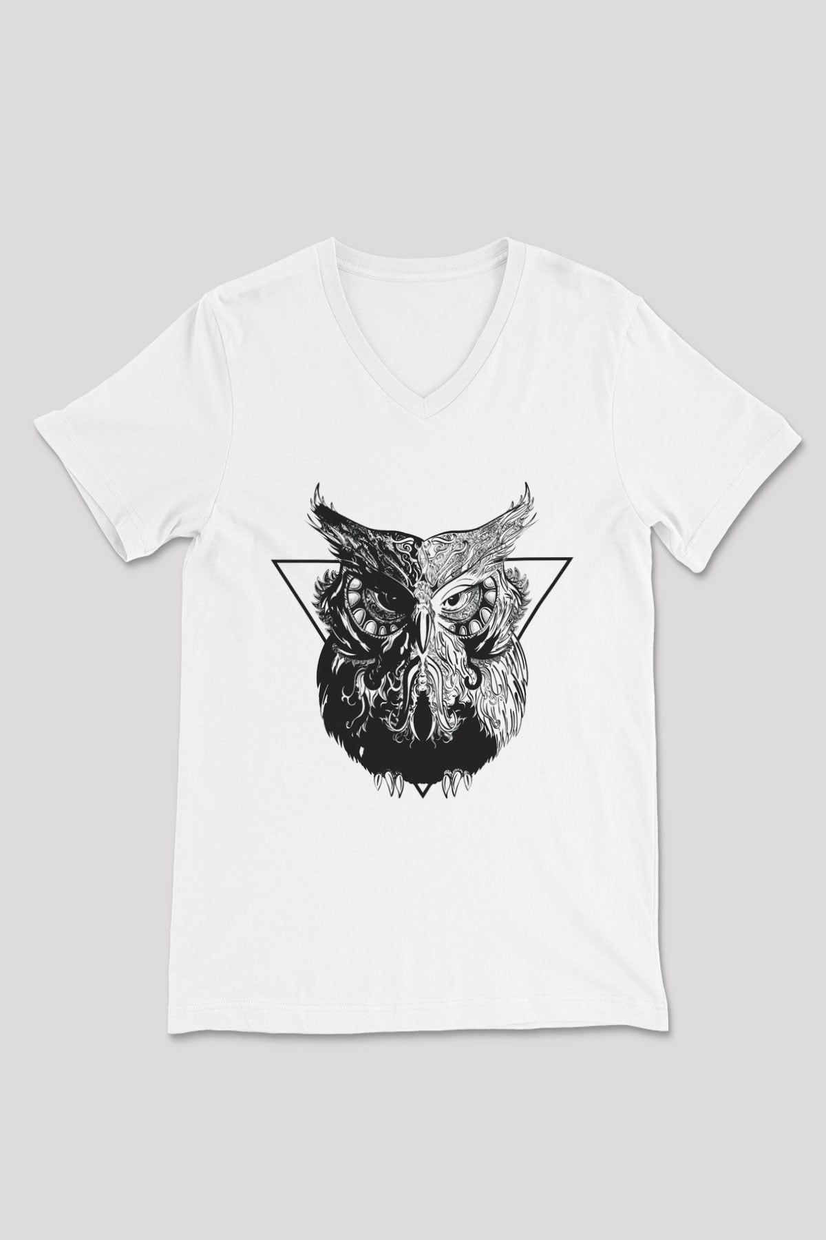 Baykuş Beyaz Unisex V Yaka Tişört T-Shirt