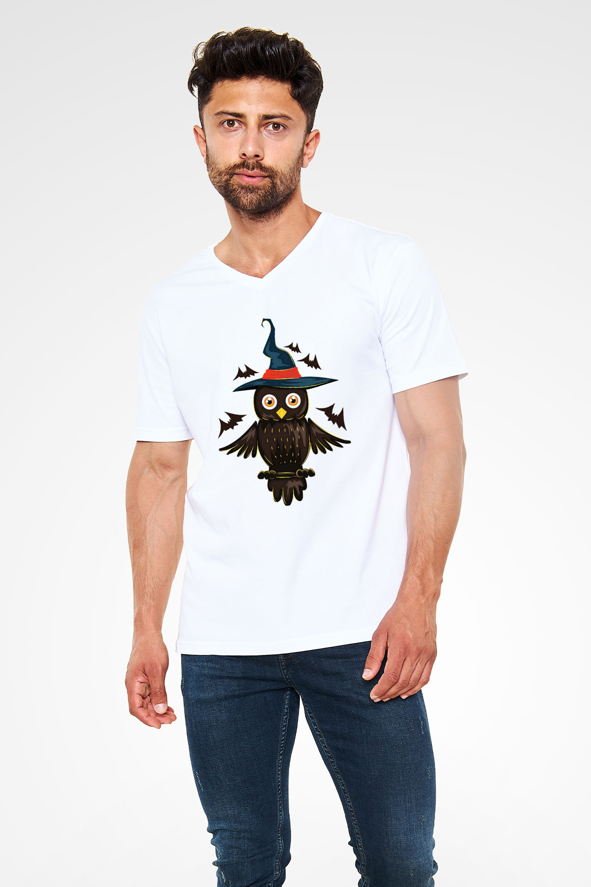 Baykuş Beyaz Unisex V Yaka Tişört T-Shirt