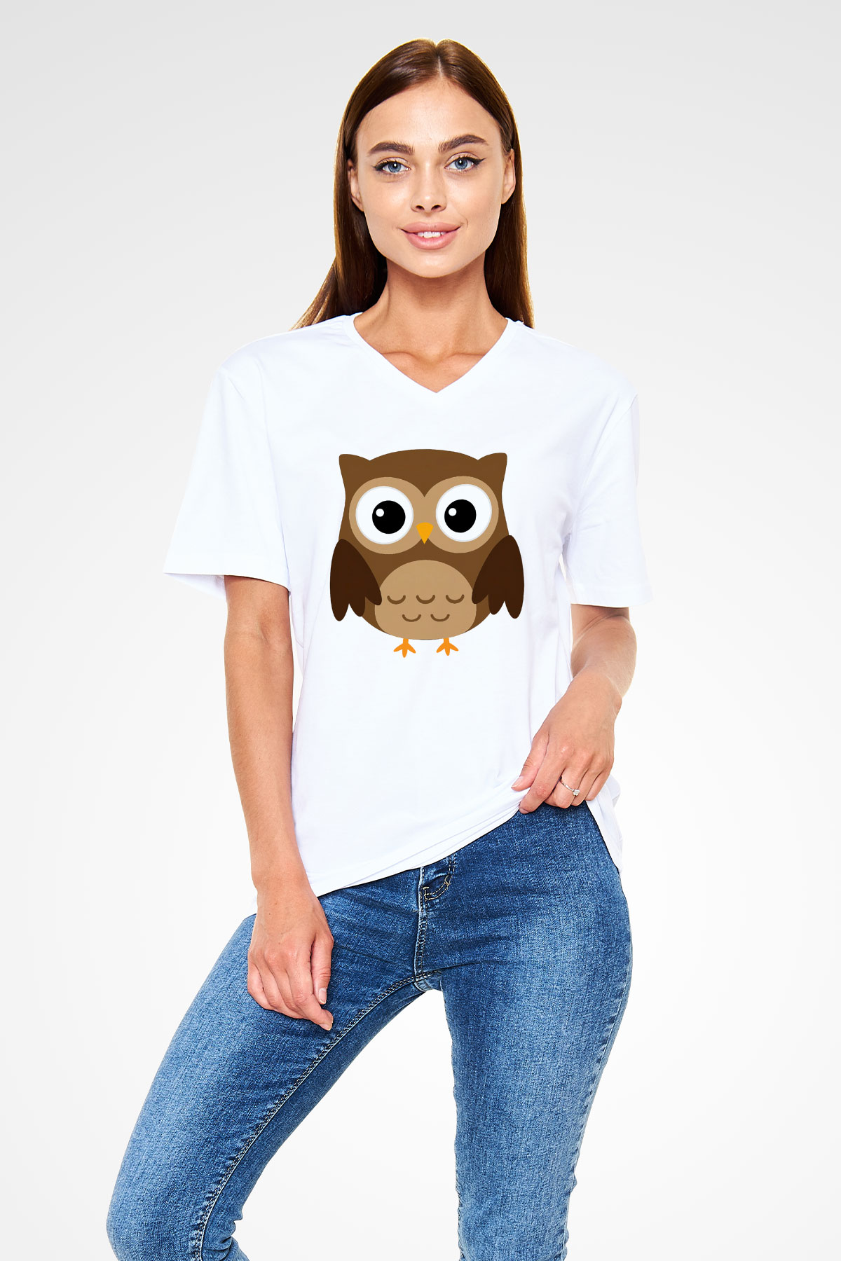 Baykuş Beyaz Unisex V Yaka Tişört T-Shirt