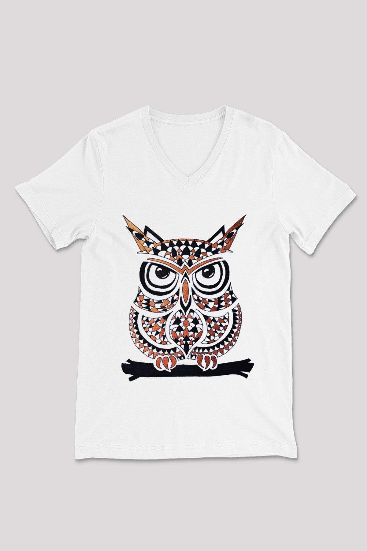 Baykuş Beyaz Unisex V Yaka Tişört T-Shirt