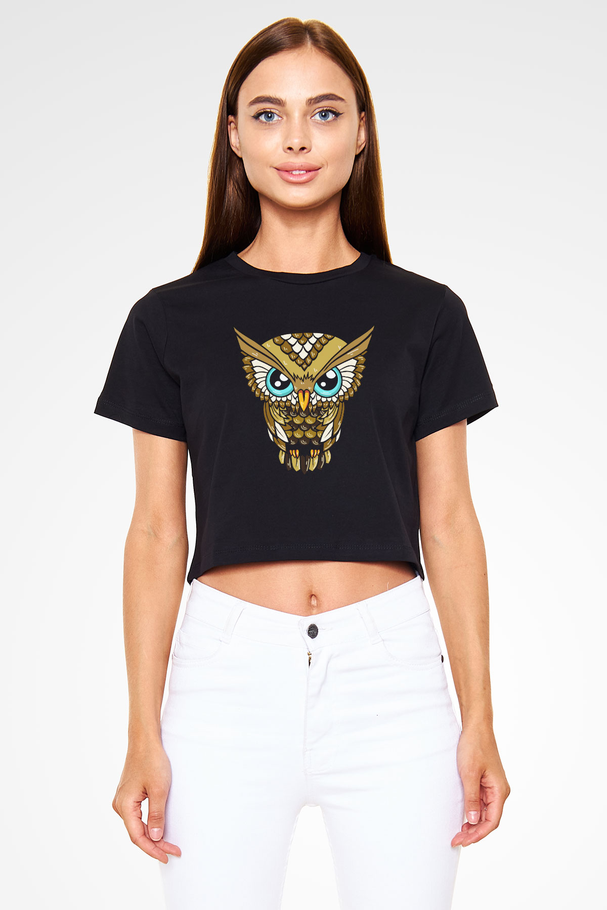 Baykuş Siyah Crop Top Tişört