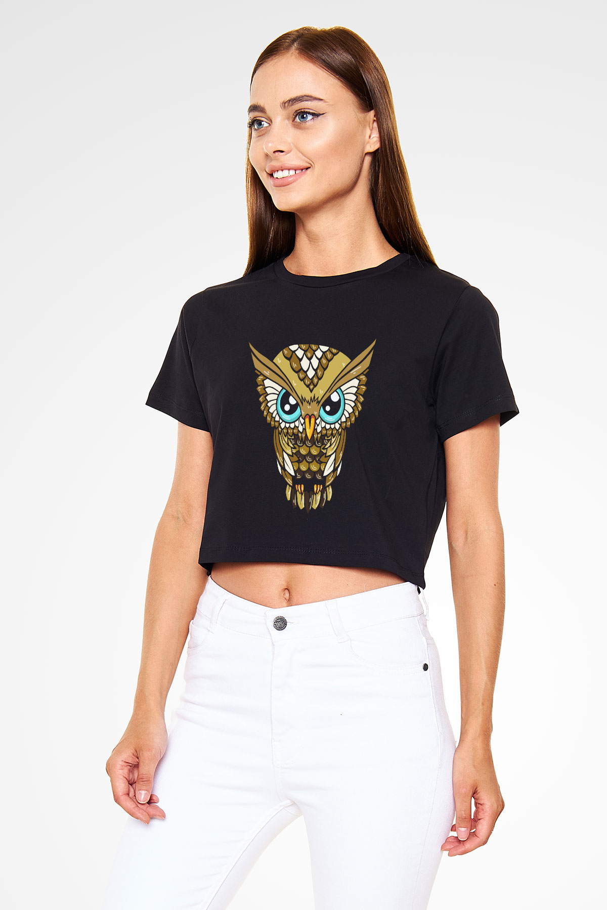 Baykuş Siyah Crop Top Tişört