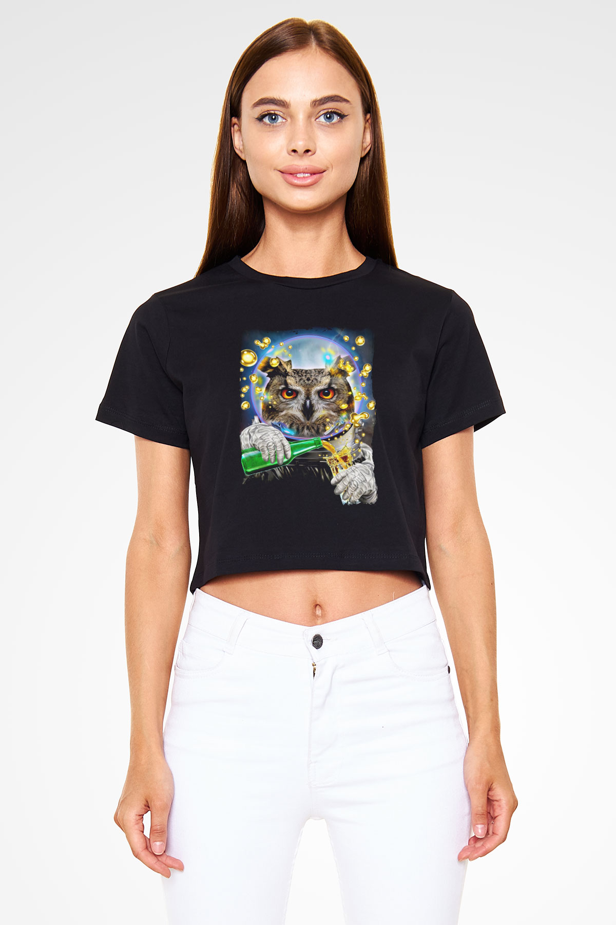 Baykuş Siyah  Crop Top Tişört