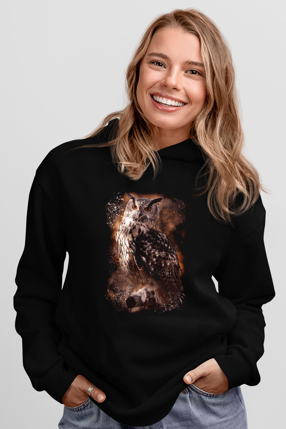 Baykuş Siyah Unisex Kapüşonlu Sweatshirt