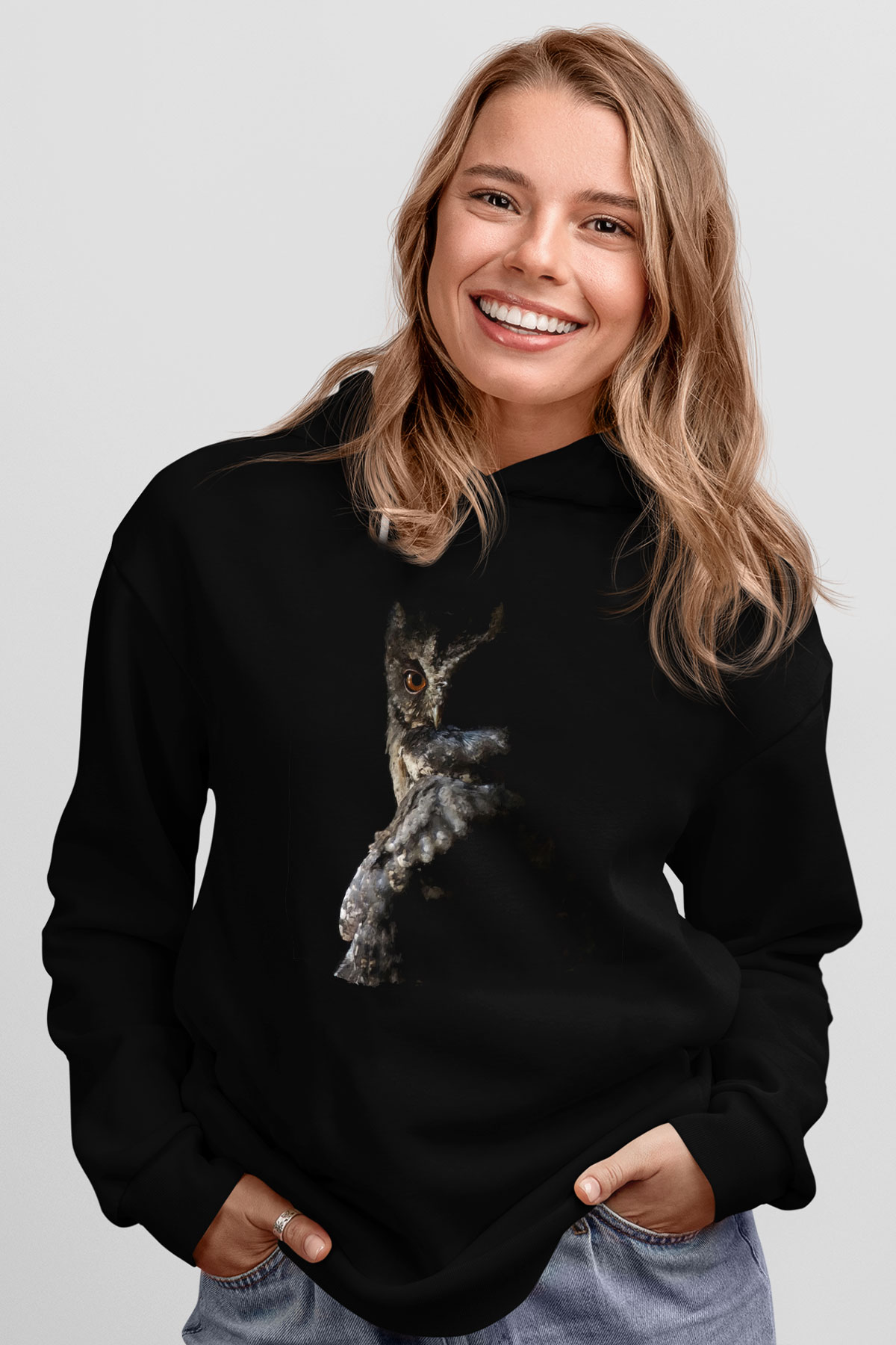 Baykuş Siyah Unisex Kapüşonlu Sweatshirt