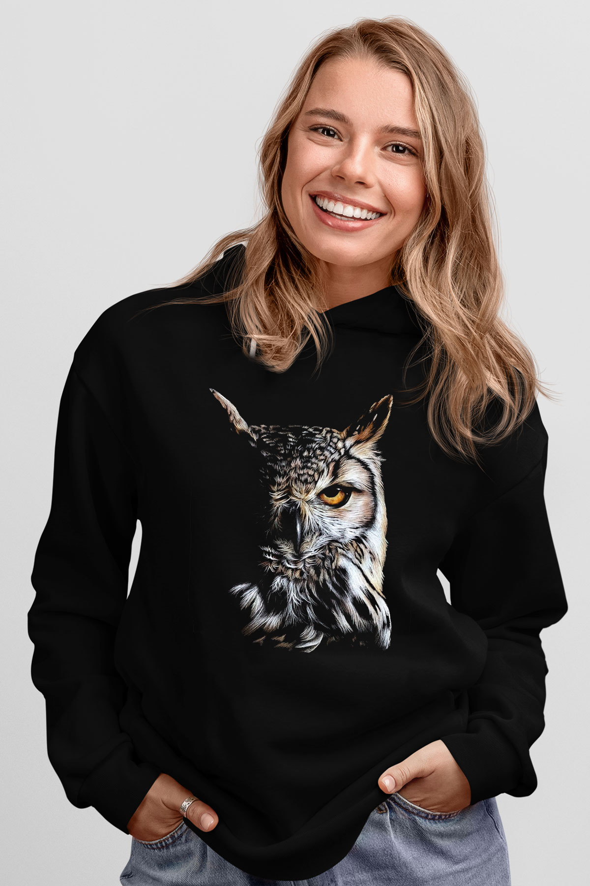 Baykuş Siyah Unisex Kapüşonlu Sweatshirt