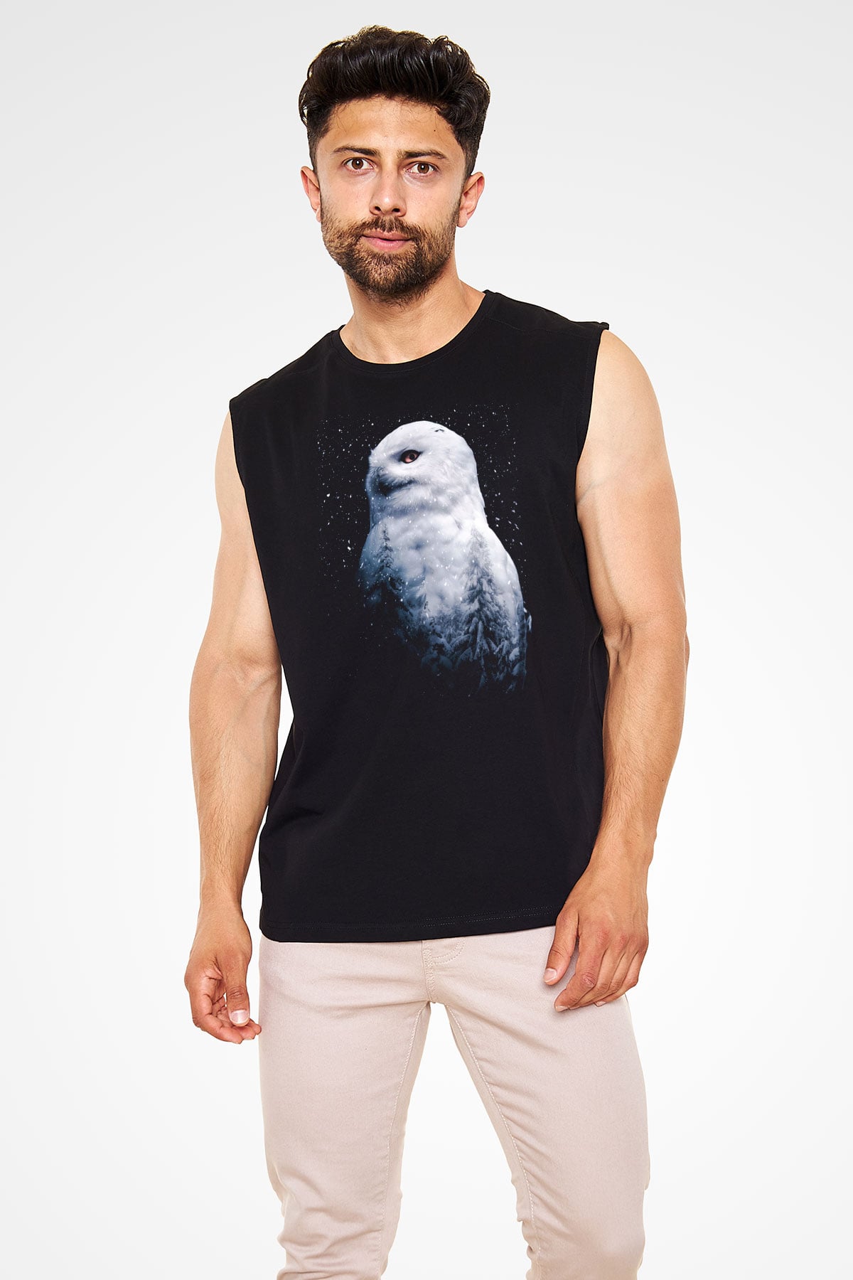 Baykuş Siyah Unisex Kolsuz Tişört