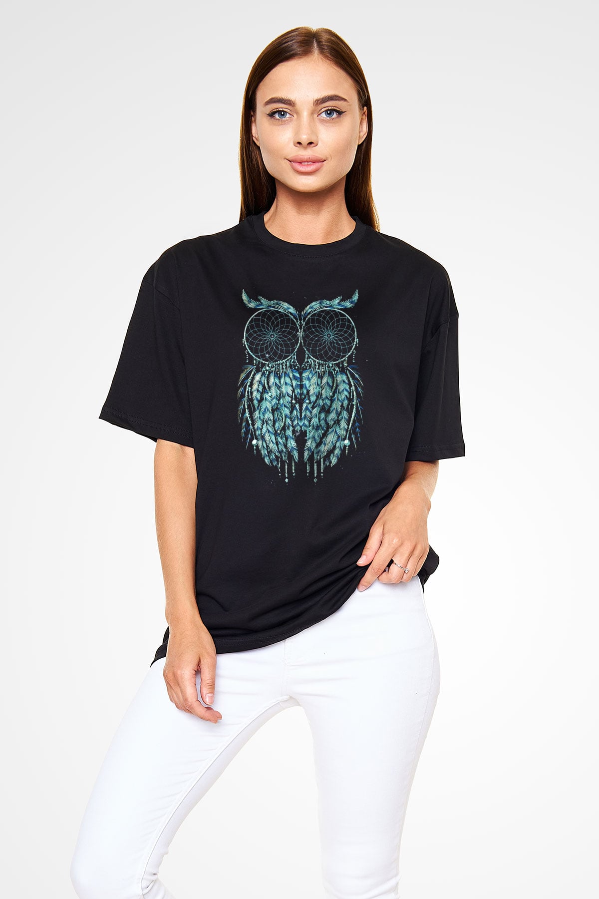Baykuş Siyah Unisex Oversize Tişört T-Shirt