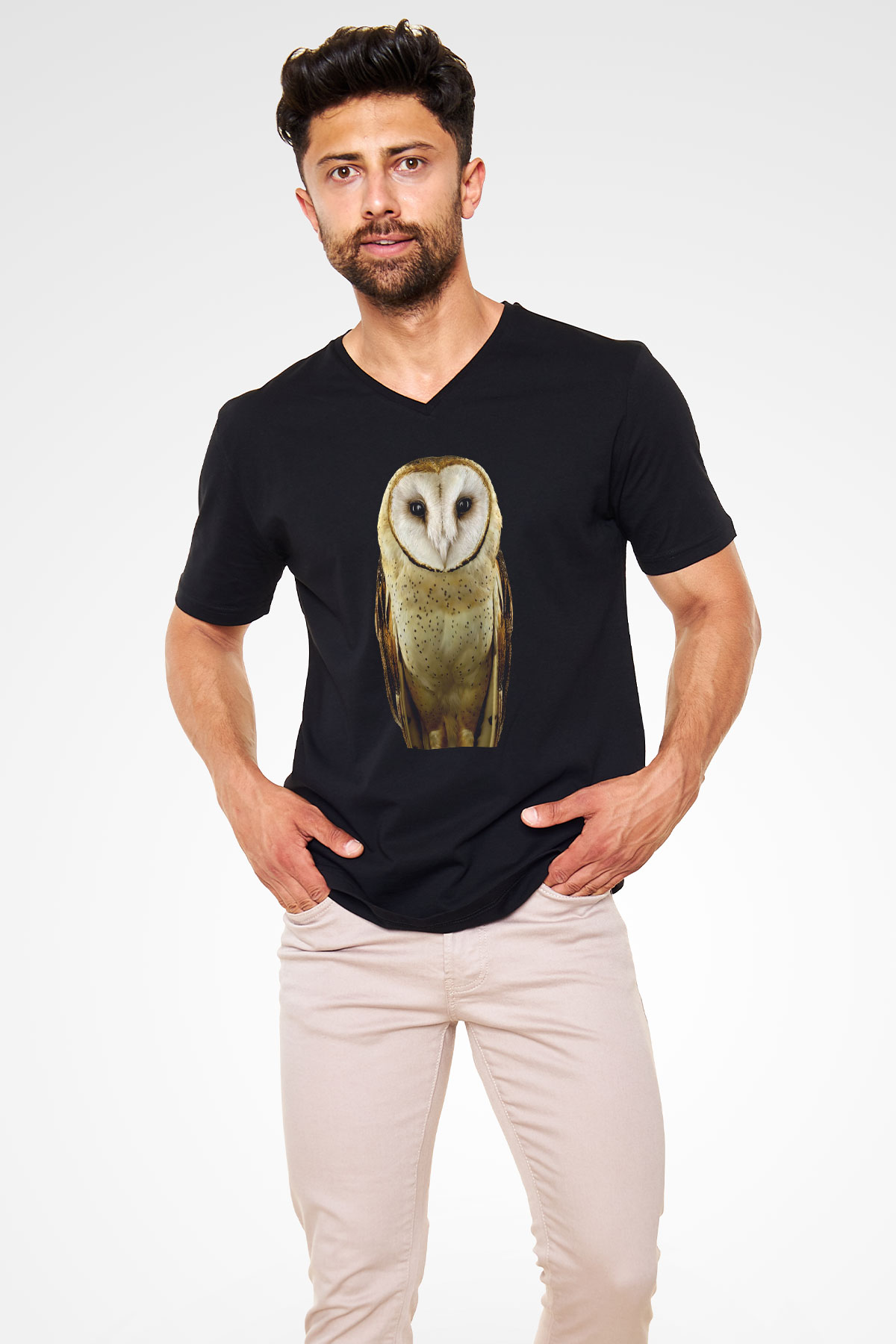 Baykuş Siyah Unisex V Yaka Tişört