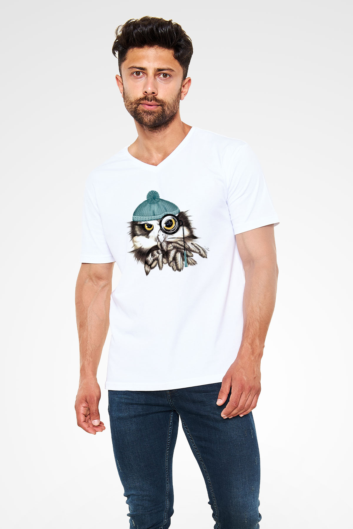 Baykuş Siyah Unisex V Yaka Tişört