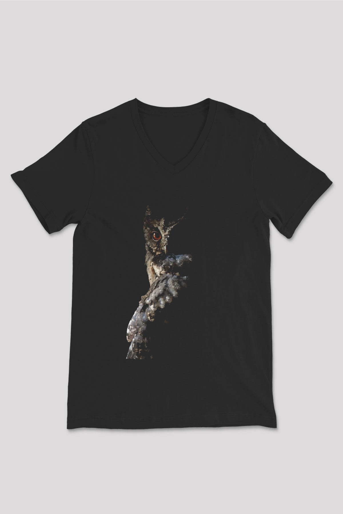 Baykuş Siyah Unisex V Yaka Tişört