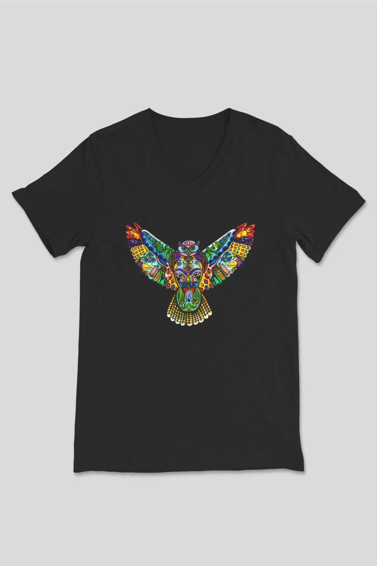 Baykuş Siyah Unisex V Yaka Tişört T-Shirt