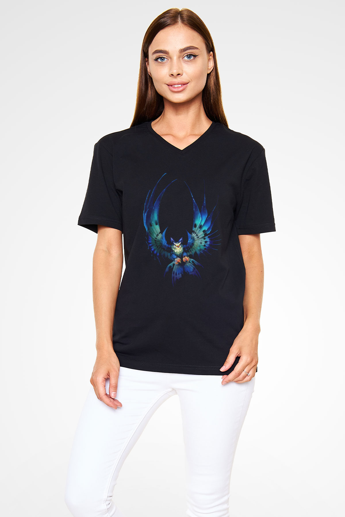 Baykuş Siyah Unisex V Yaka Tişört T-Shirt