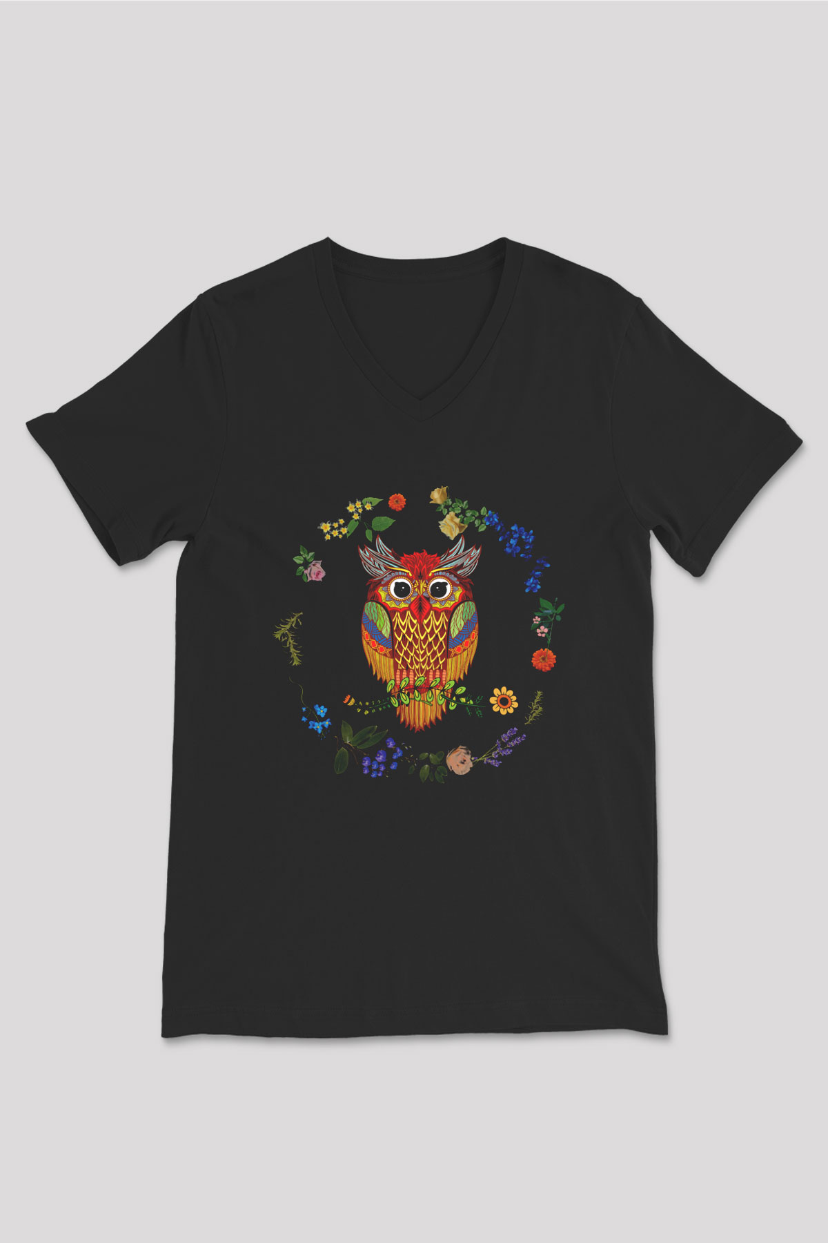 Baykuş Siyah Unisex V Yaka Tişört T-Shirt