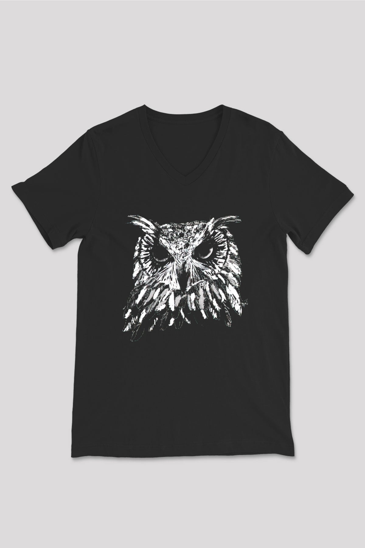 Baykuş Siyah Unisex V Yaka Tişört T-Shirt