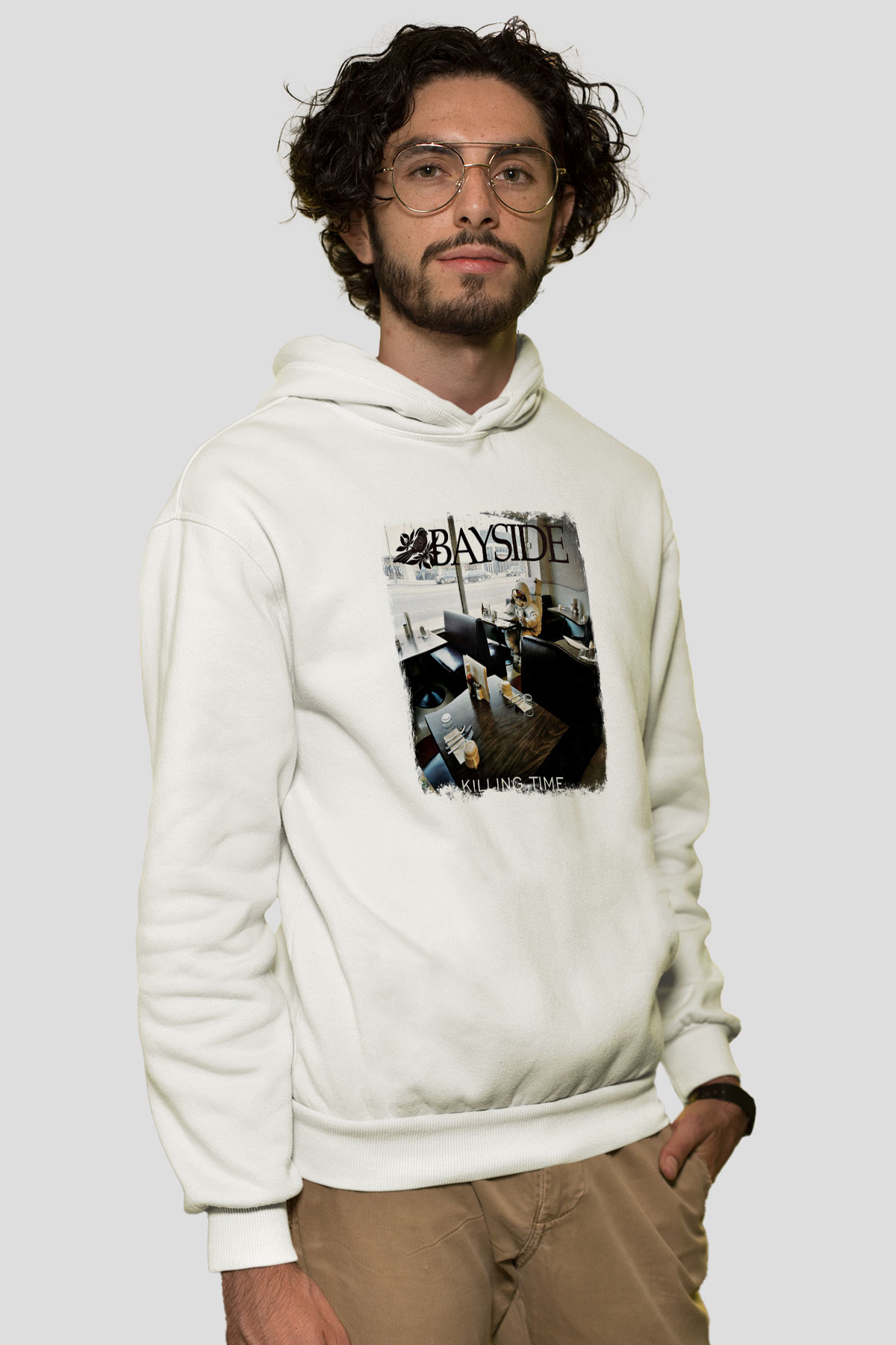 Bayside Baskılı Unisex Beyaz Hoodie