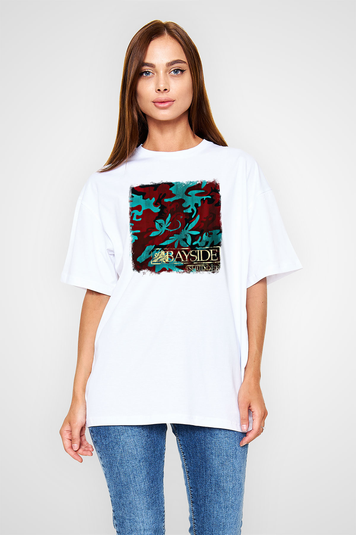 Bayside Baskılı Unisex Beyaz Oversize Tişört