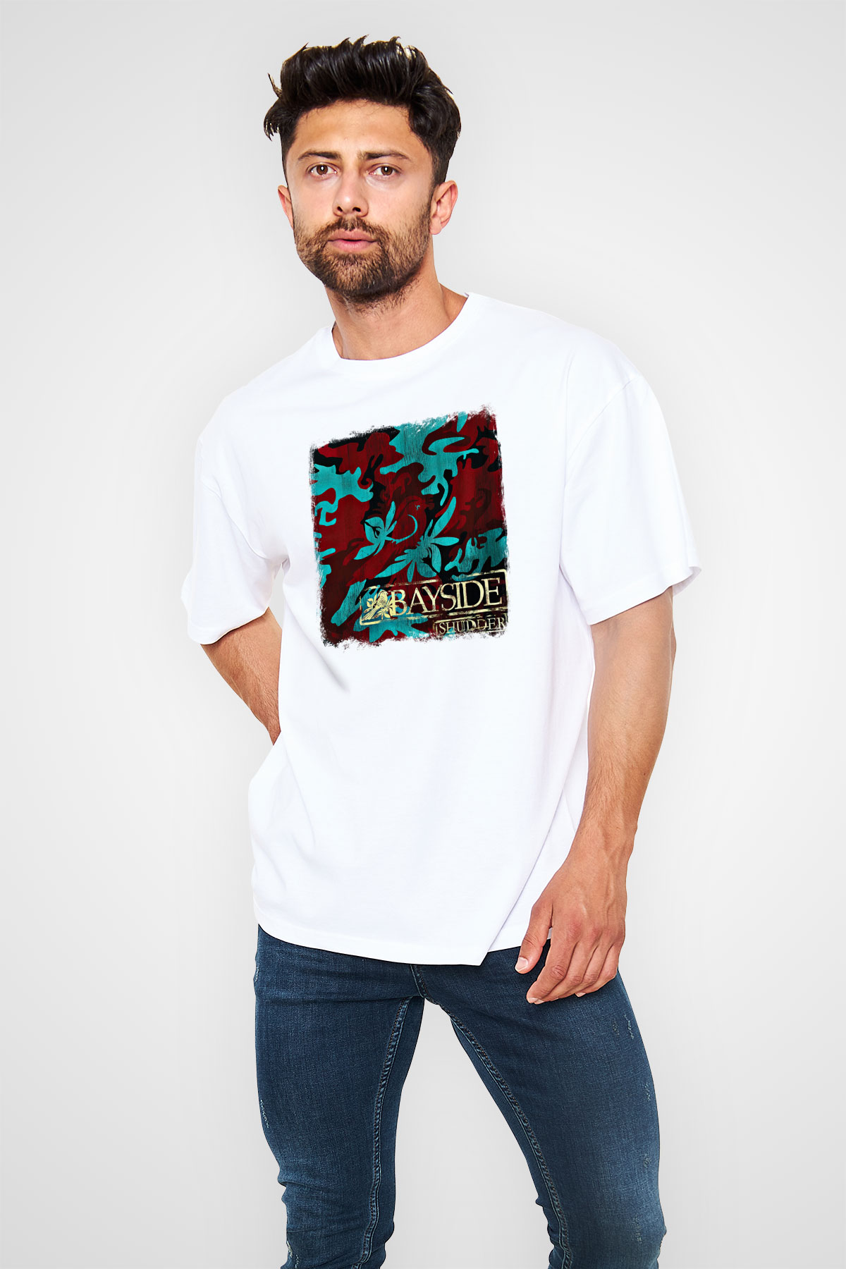 Bayside Baskılı Unisex Beyaz Oversize Tişört