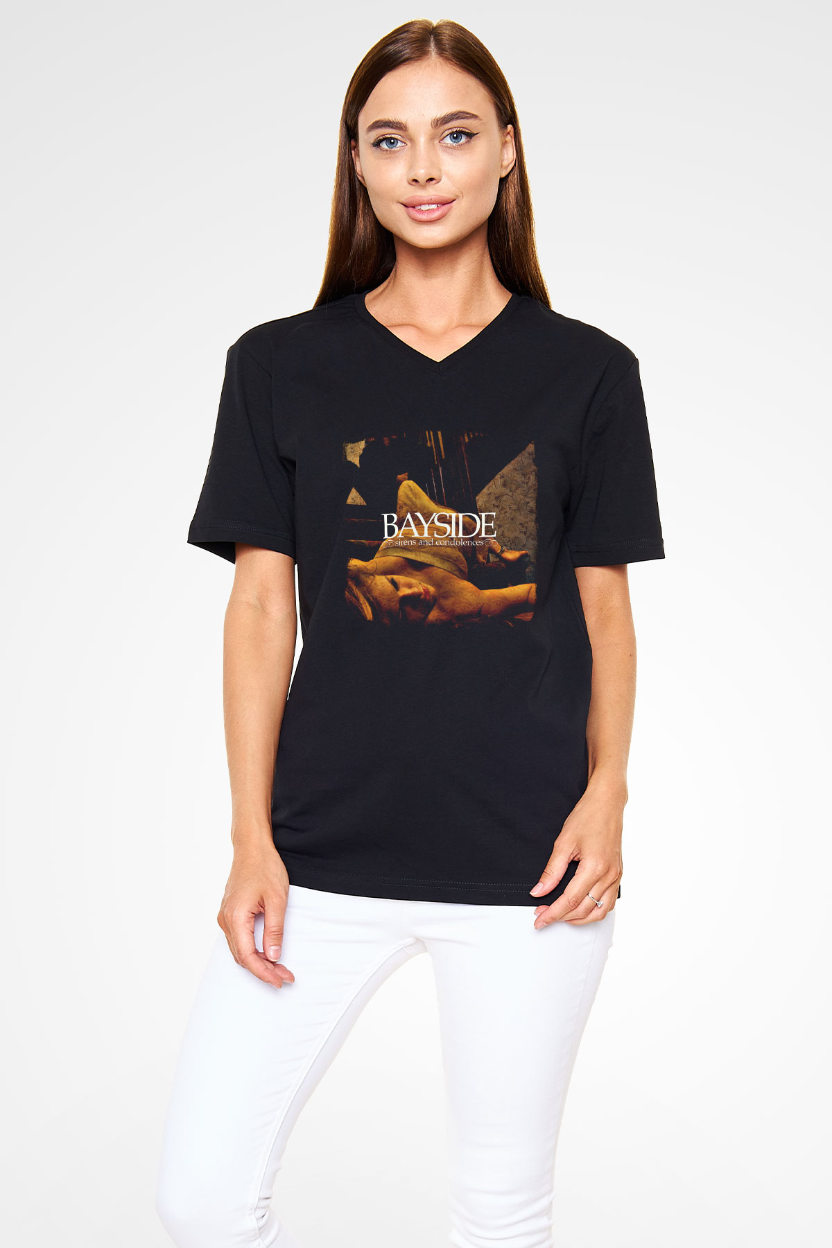 Bayside Baskılı Unisex Siyah V Yaka Tişört