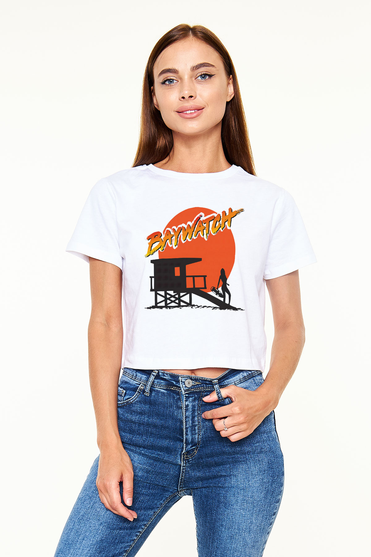 Baywatch Beyaz Croptop Tişört
