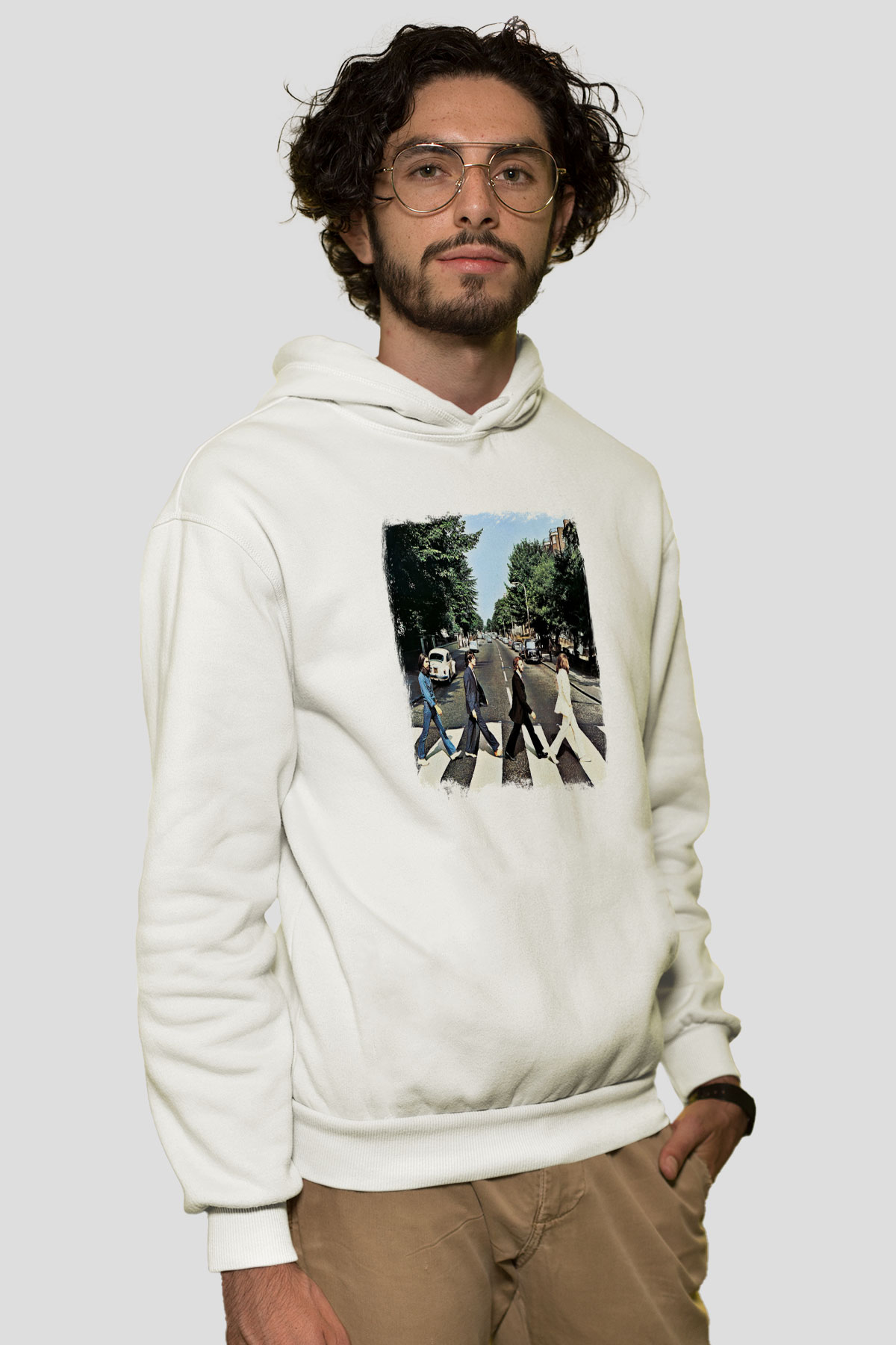 Beatles Baskılı Unisex Beyaz Hoodie