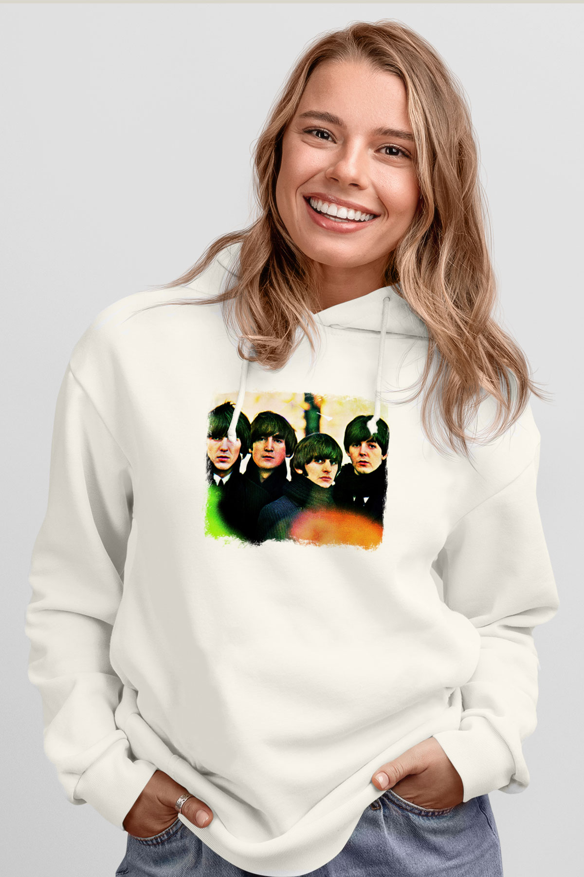 Beatles Baskılı Unisex Beyaz Hoodie