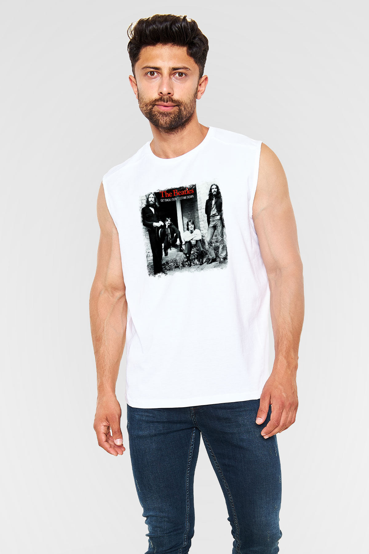 Beatles Baskılı Unisex Beyaz Kolsuz Tişört