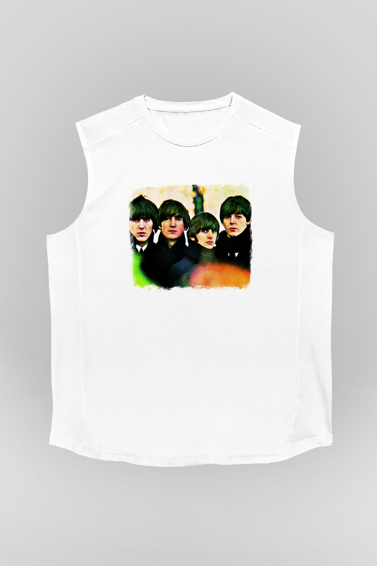 Beatles Baskılı Unisex Beyaz Kolsuz Tişört