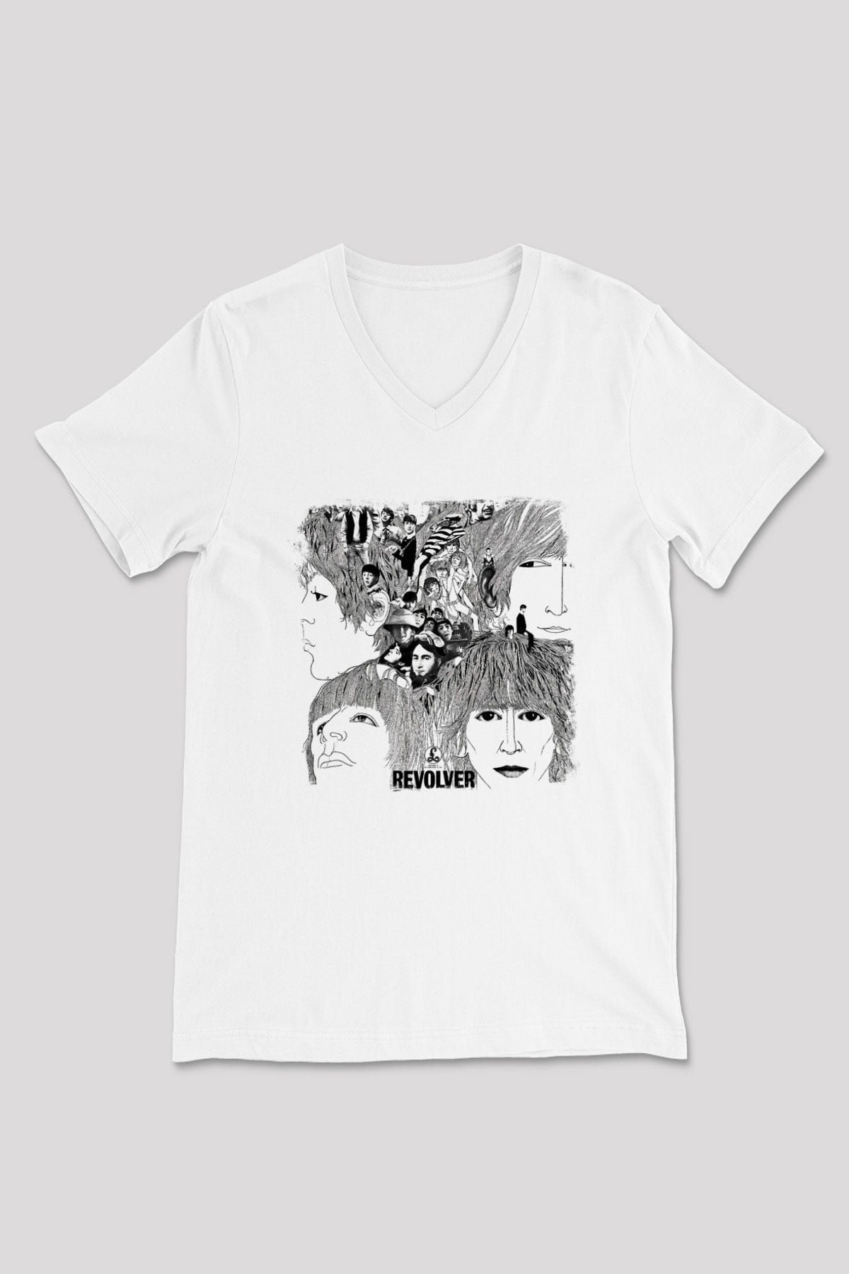 Beatles Baskılı Unisex Beyaz V Yaka Tişört
