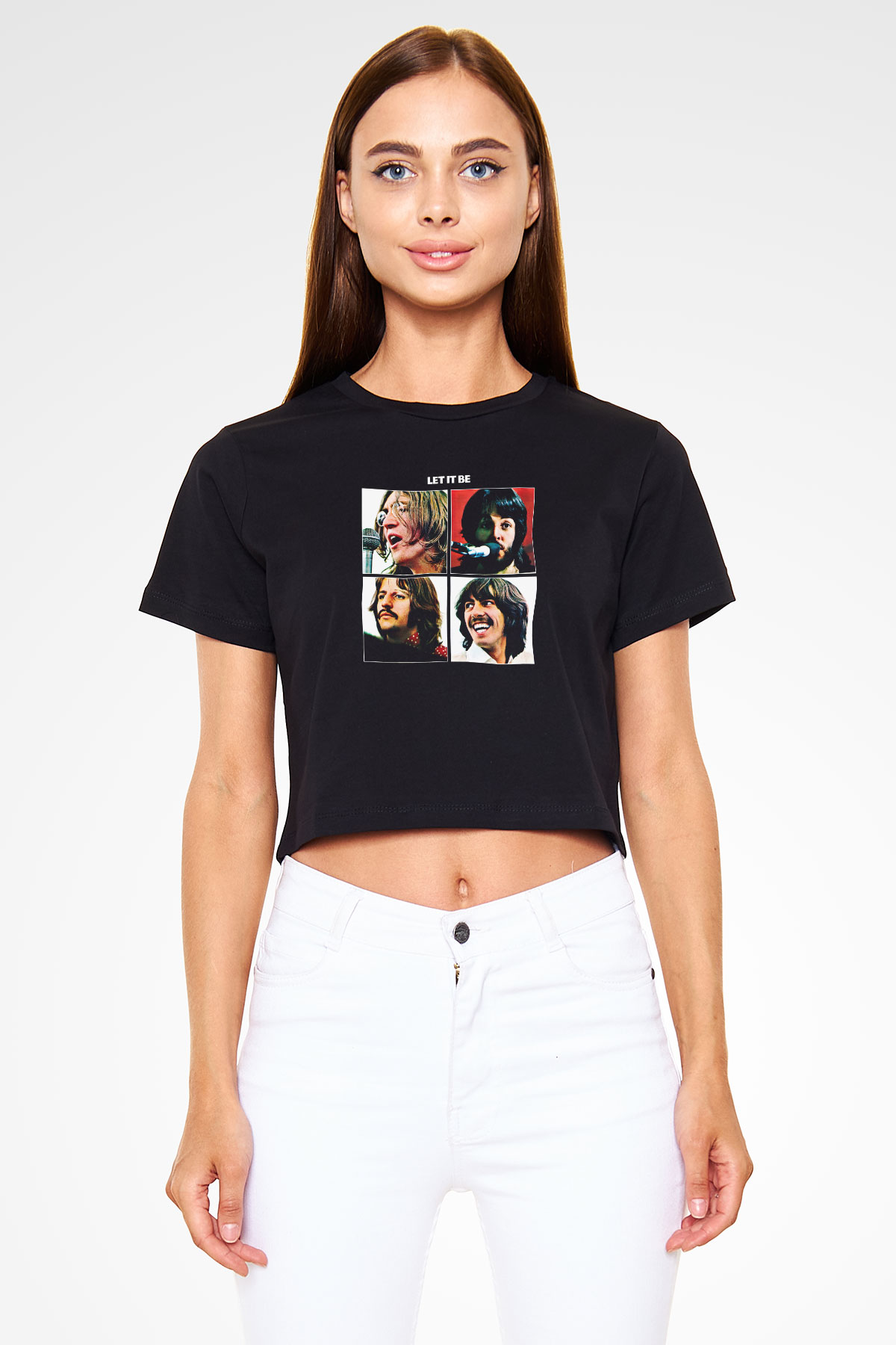 Beatles Baskılı Unisex Siyah Crop Top Tişört