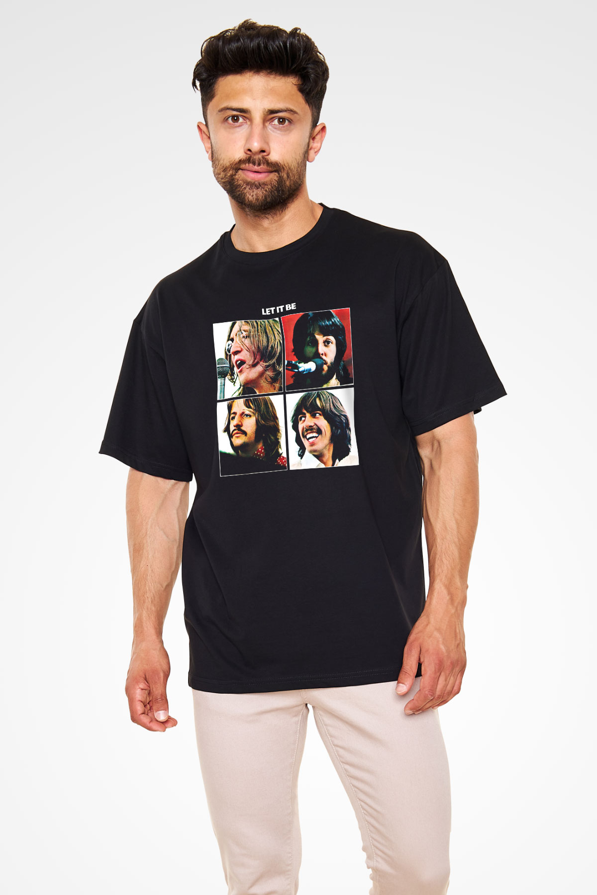 Beatles Baskılı Unisex Siyah Oversize Tişört