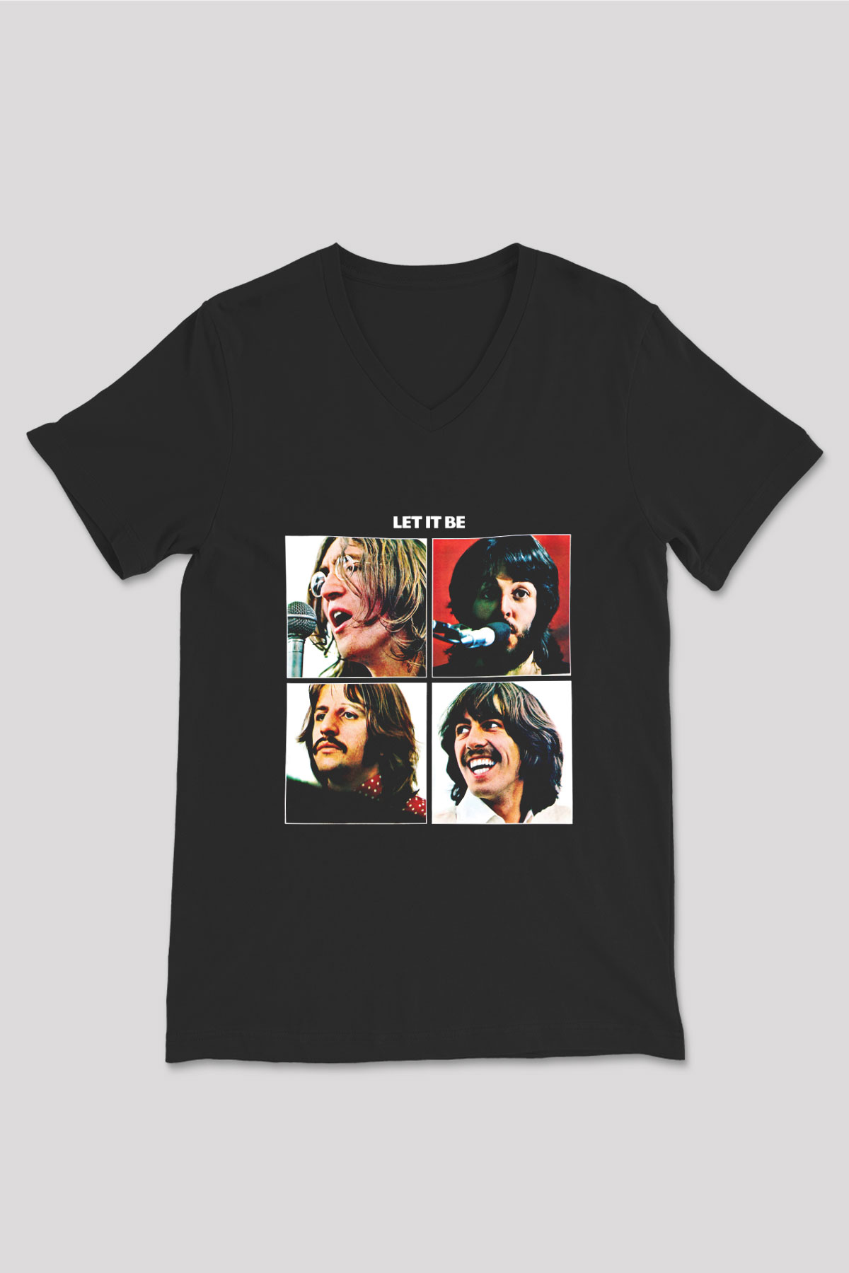 Beatles Baskılı Unisex Siyah V Yaka Tişört