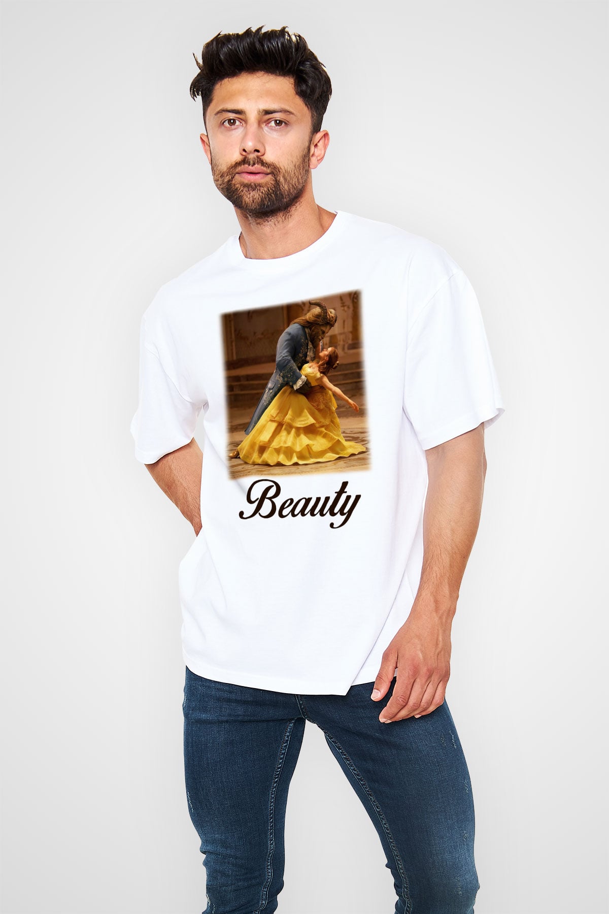 Beauty and the Beast Beyaz Unisex Oversize Tişört T-Shirt