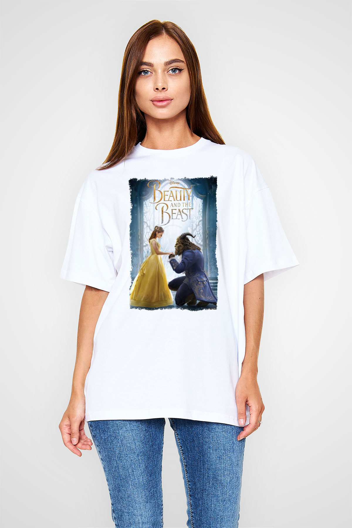 Beauty and the Beast Beyaz Oversize Tişört Oversize T-shirt