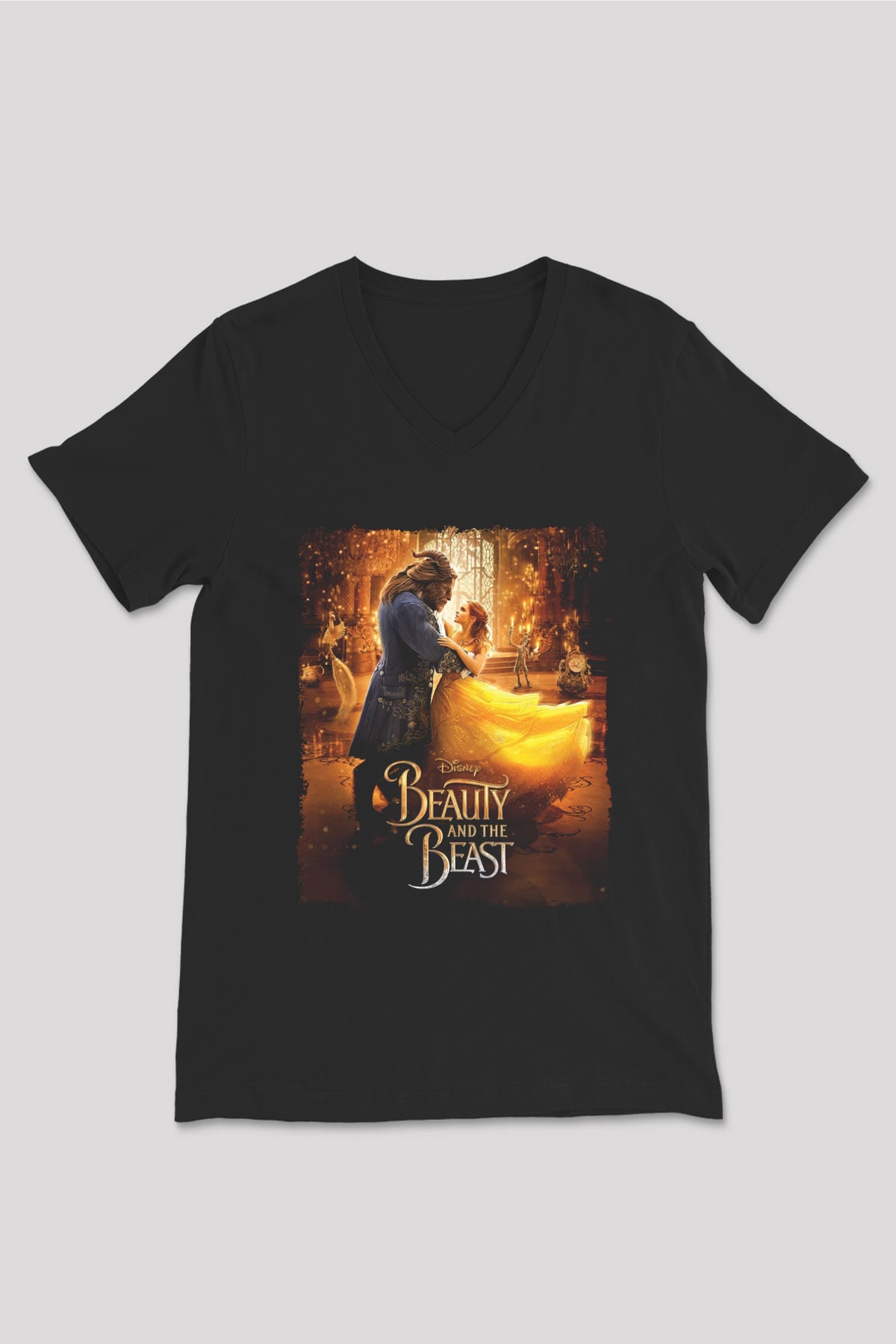 Beauty and the Beast Siyah Unisex V Yaka Tişört
