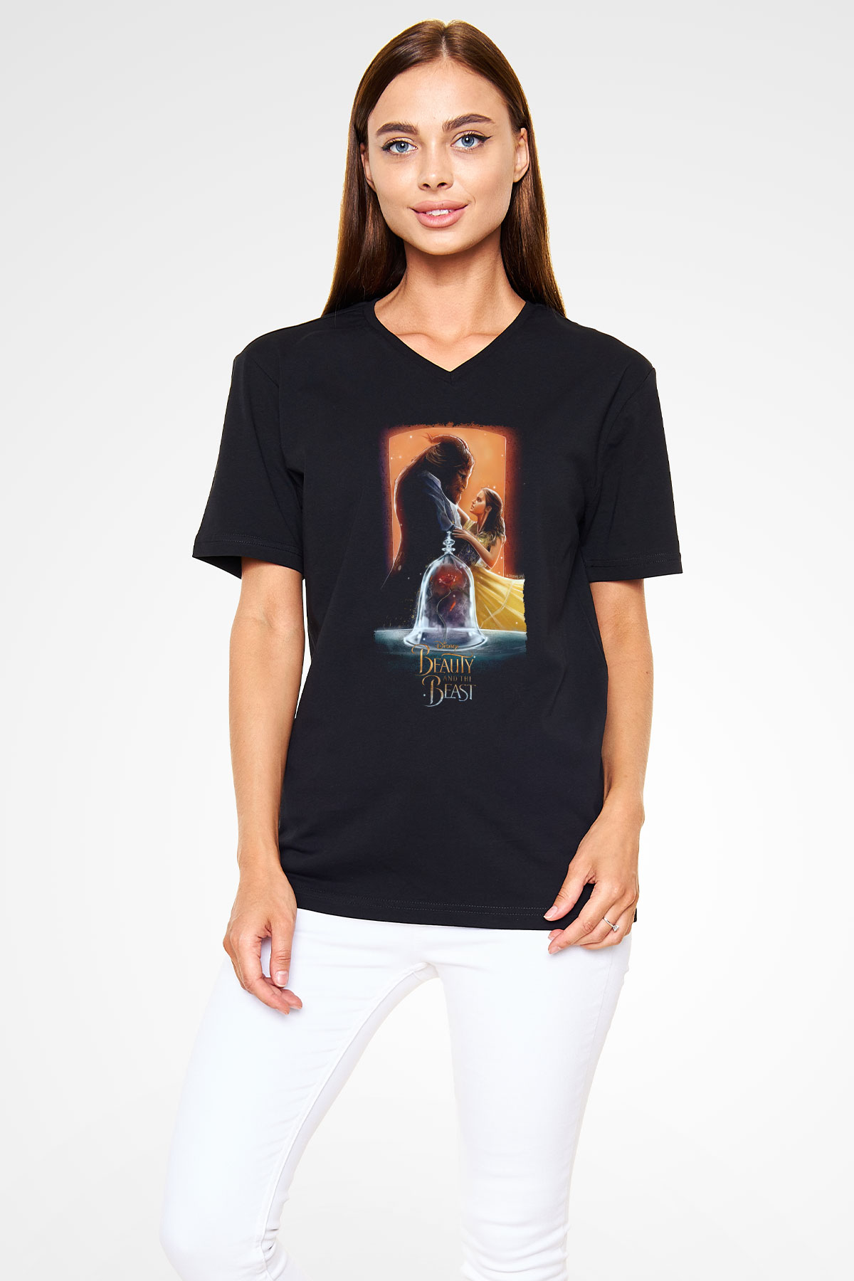 Beauty and the Beast Siyah Unisex V Yaka Tişört