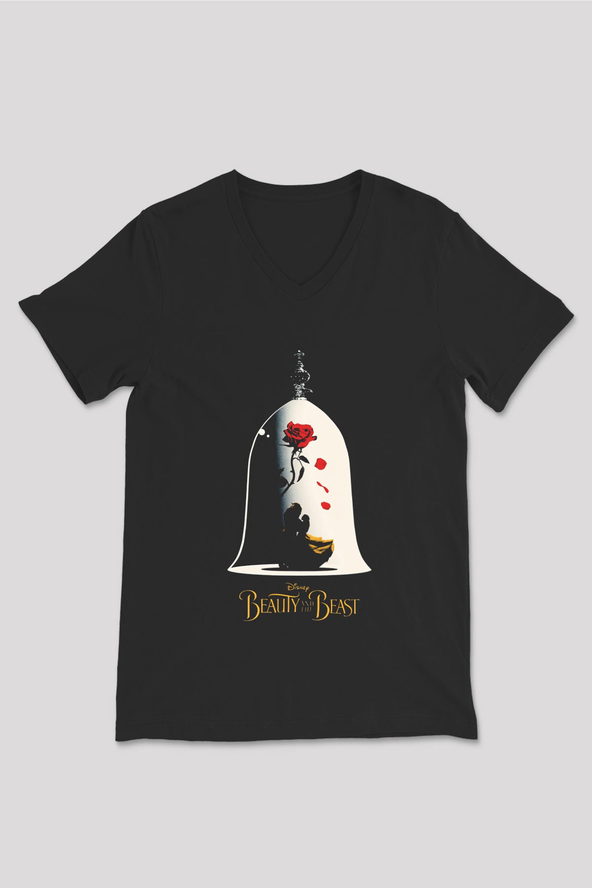 Beauty and the Beast Siyah Unisex V Yaka Tişört T-Shirt