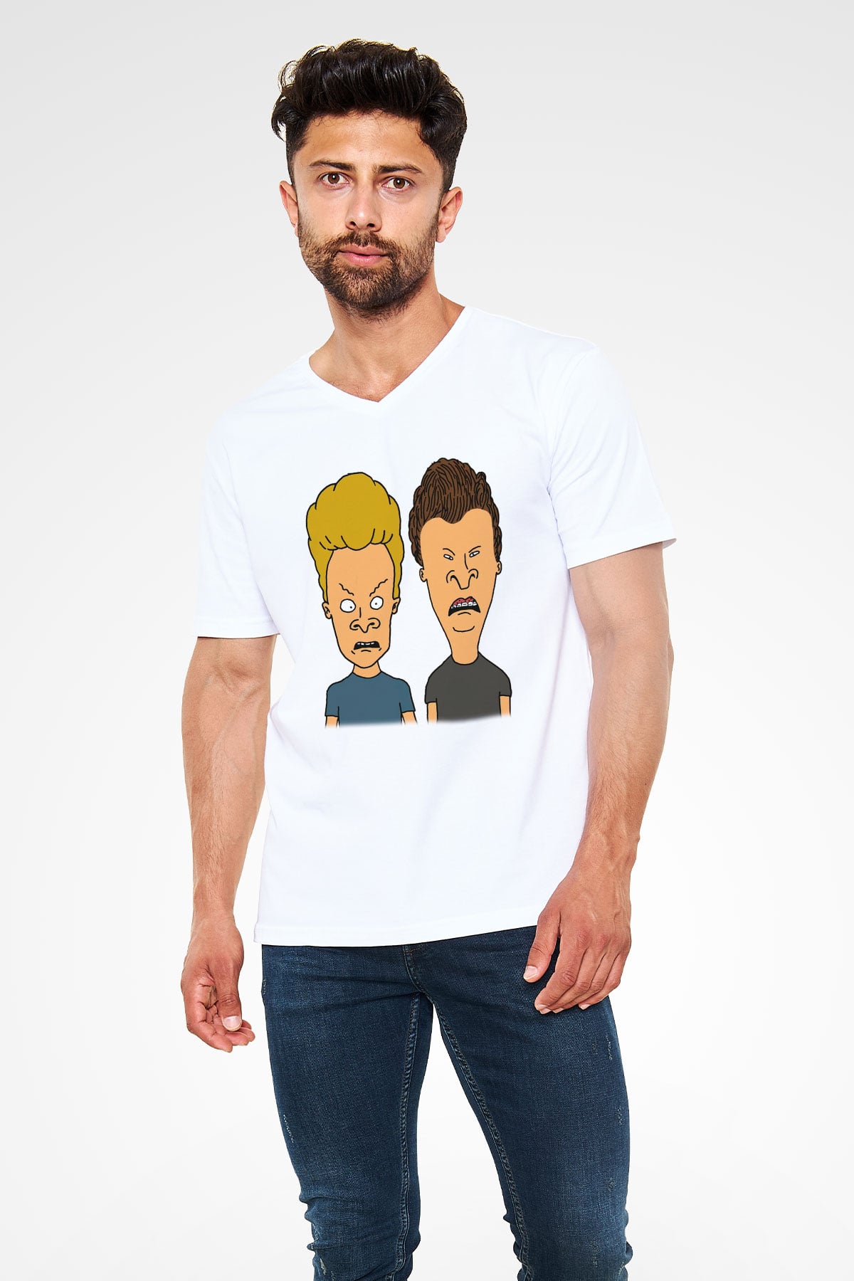 Beavis and Butt-head Beyaz Unisex V Yaka Tişört T-Shirt