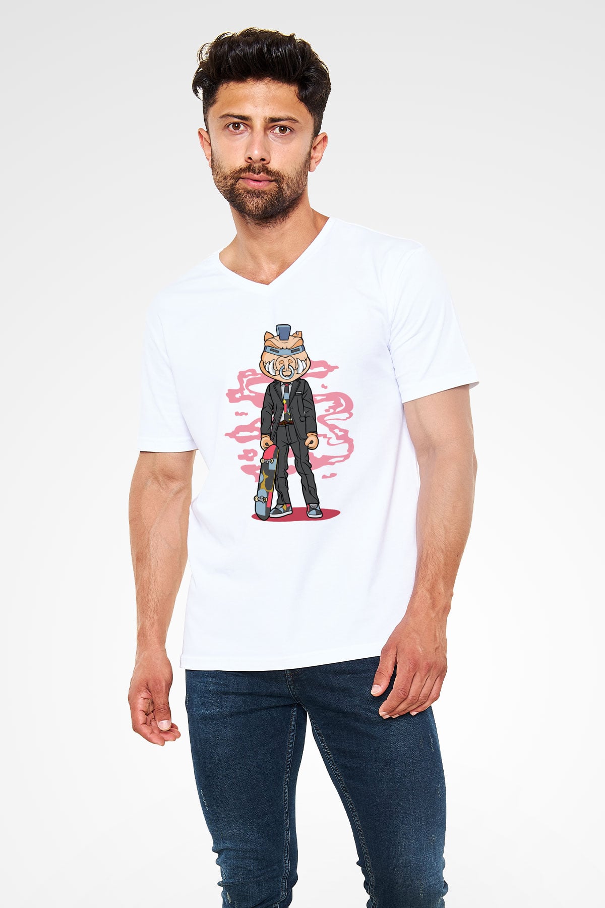 Bebop Skateboard Baskılı Unisex Beyaz V Yaka Tişört