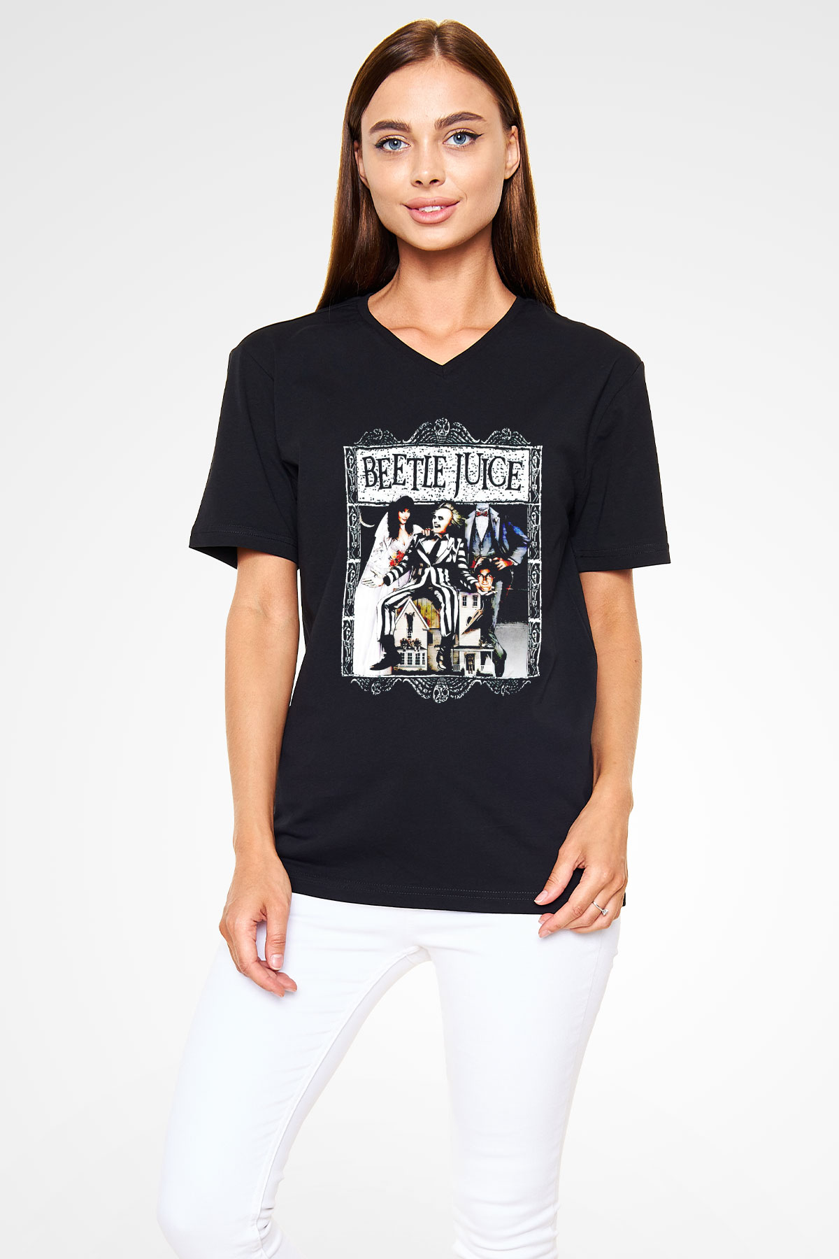 Beetlejuice Beterböcek Siyah Unisex  V Yaka Tişört