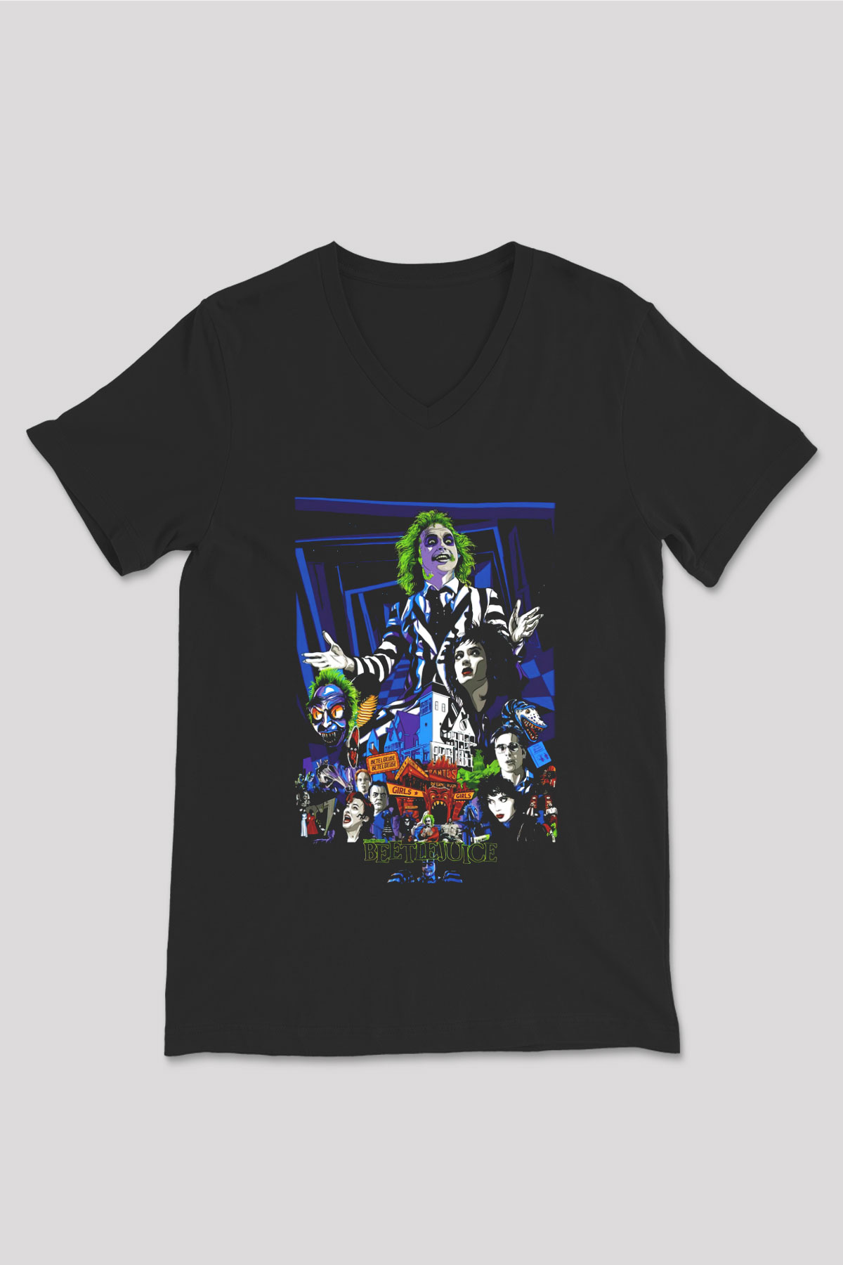 Beetlejuice Beterböcek Siyah Unisex V Yaka Tişört