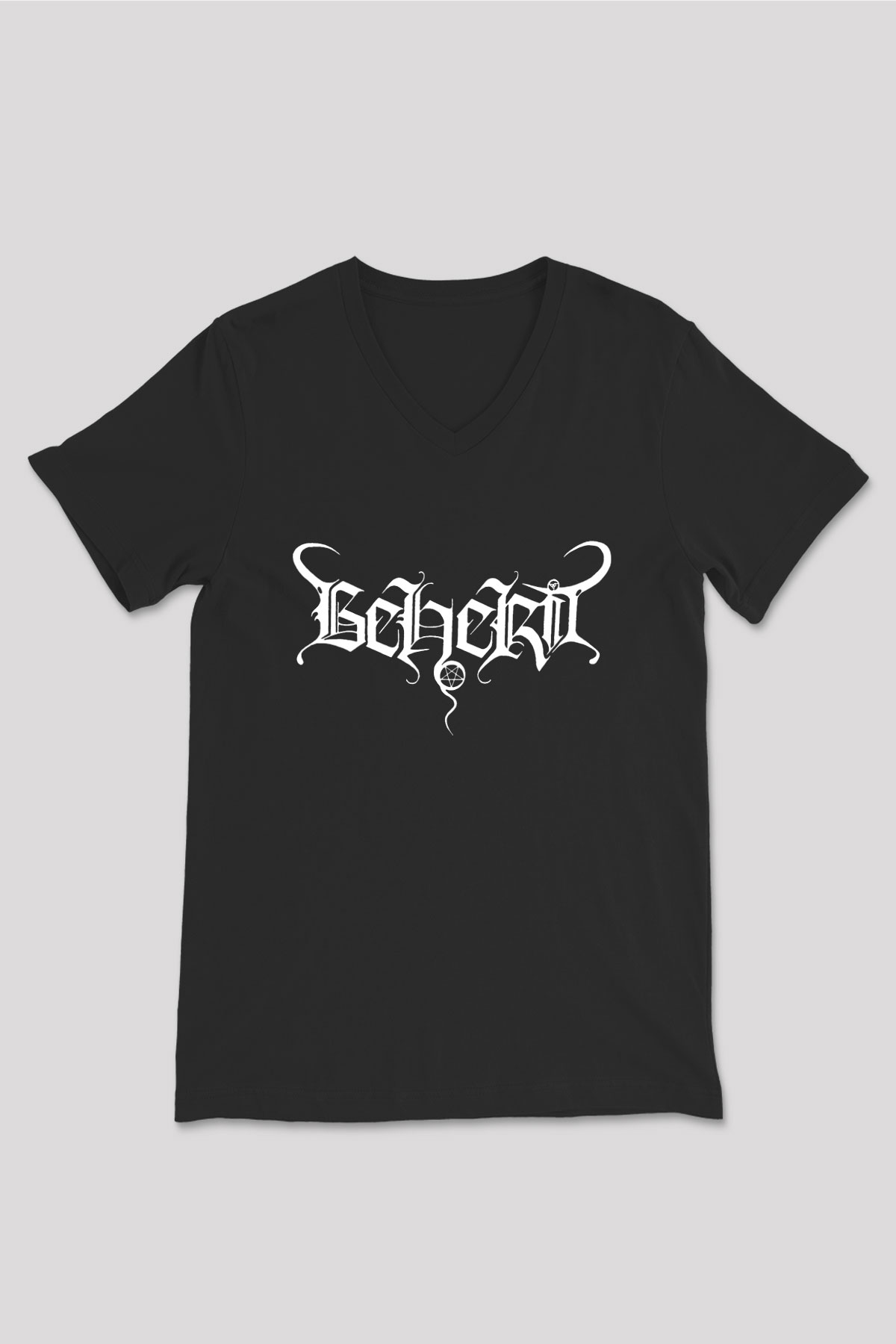 Beherit Baskılı Unisex Siyah V Yaka Tişört - Tshirt
