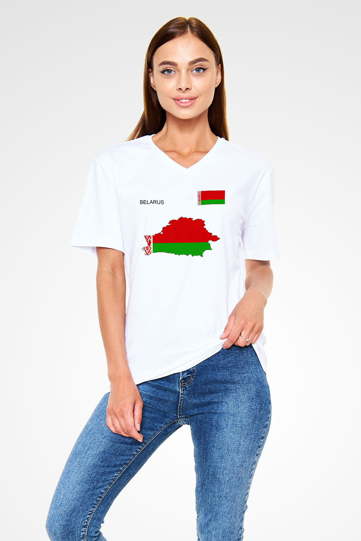 Belarus Beyaz Unisex V Yaka Tişört T-Shirt