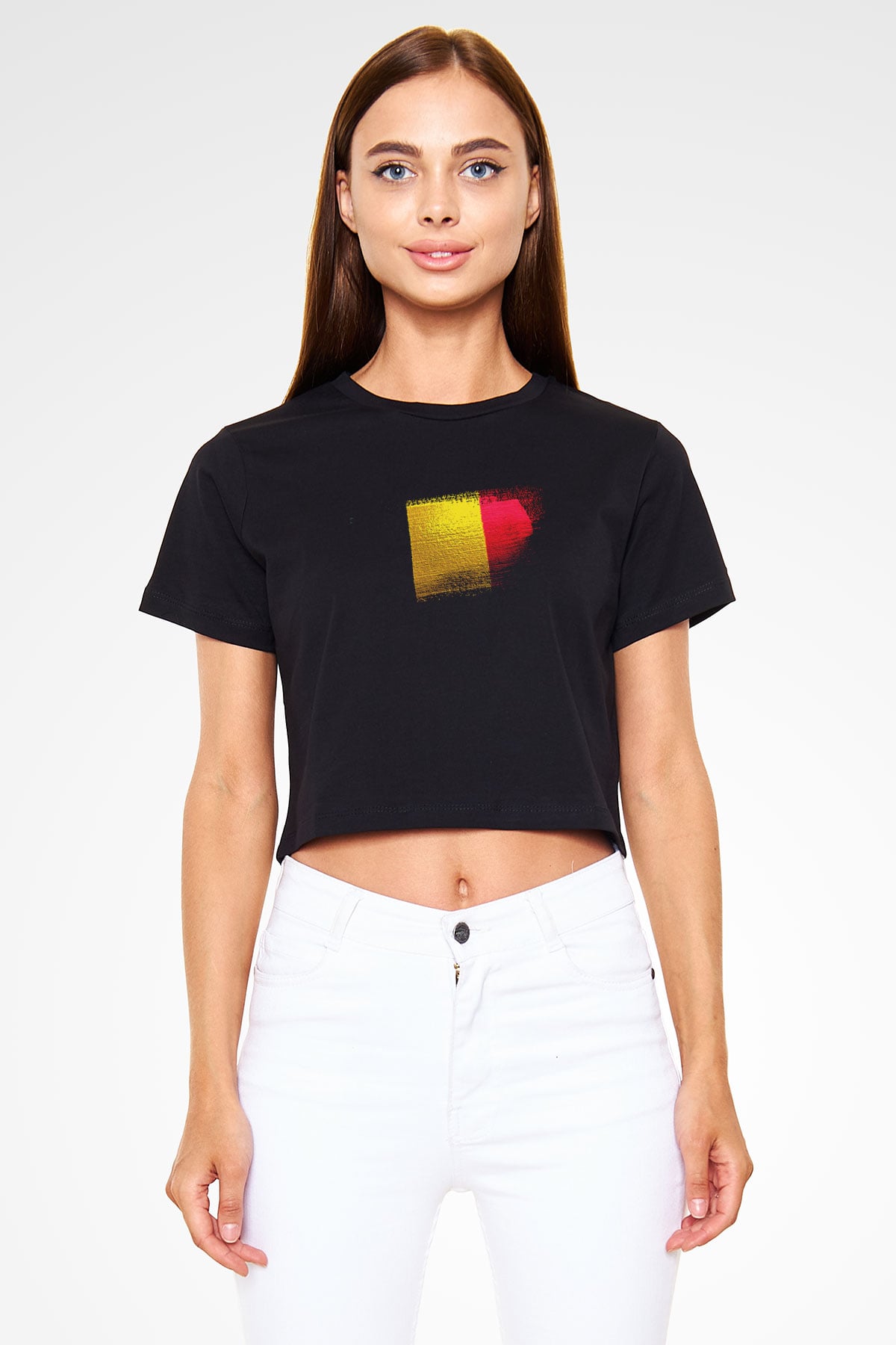 Belçika - Belgium Bayrağı Baskılı Kadın Crop Top Siyah Tişört