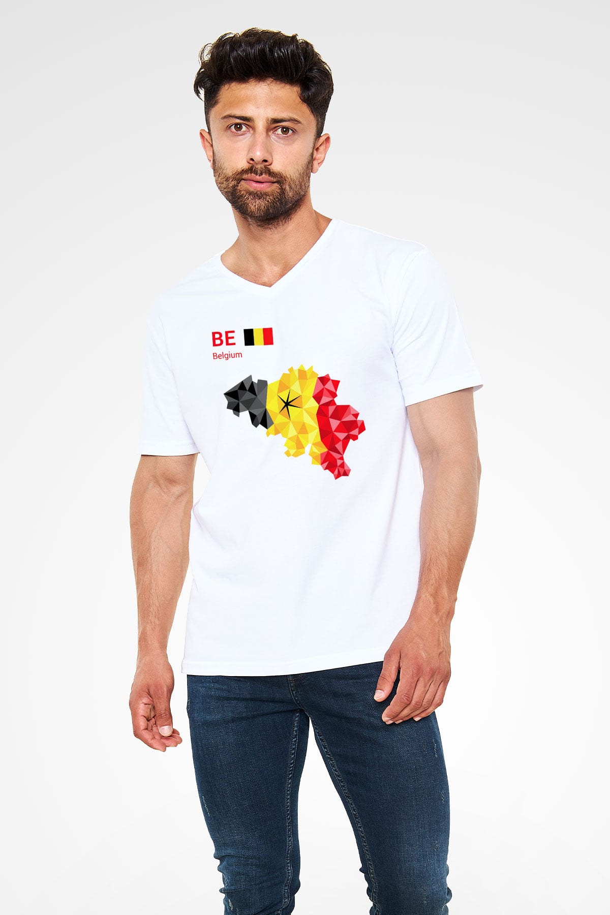 Belçika Beyaz Unisex V Yaka Tişört T-Shirt