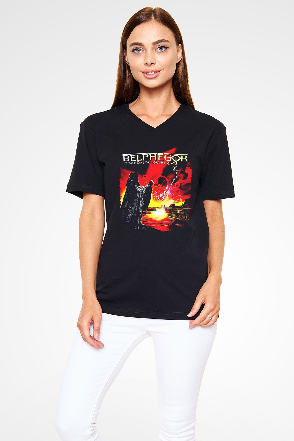 Belphegor Baskılı Unisex Siyah V Yaka Tişört - Tshirt