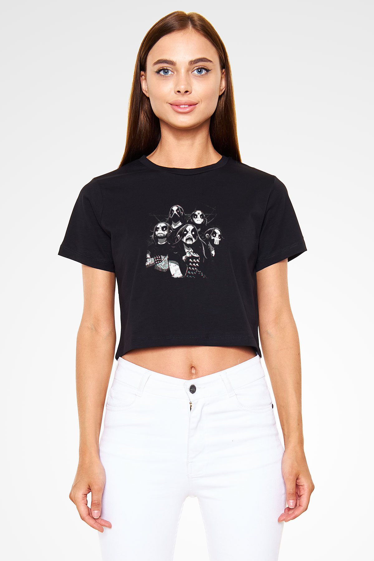 Belzebubs Baskılı Siyah Crop Top Kadın Tişört - Tshirt