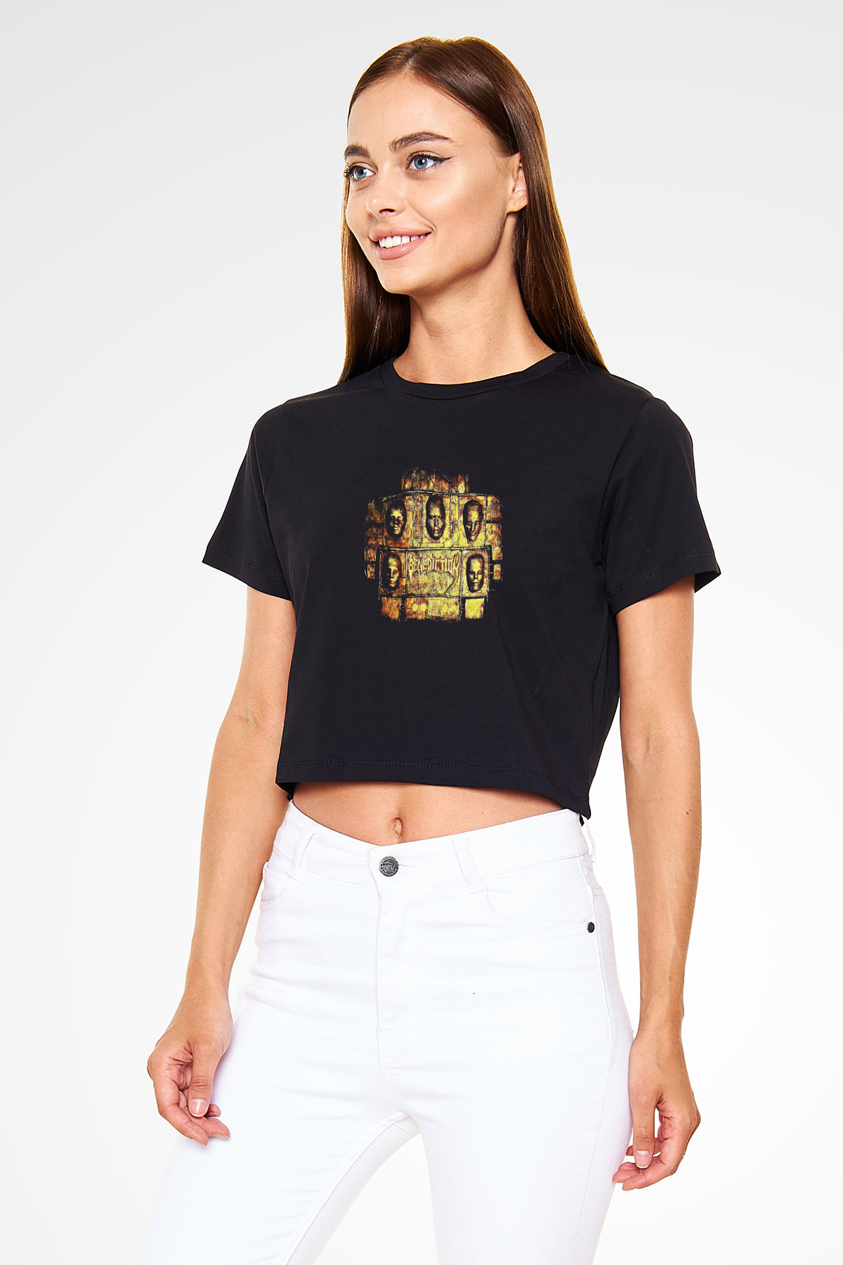 Benediction Baskılı Unisex Siyah Crop Top Tişört